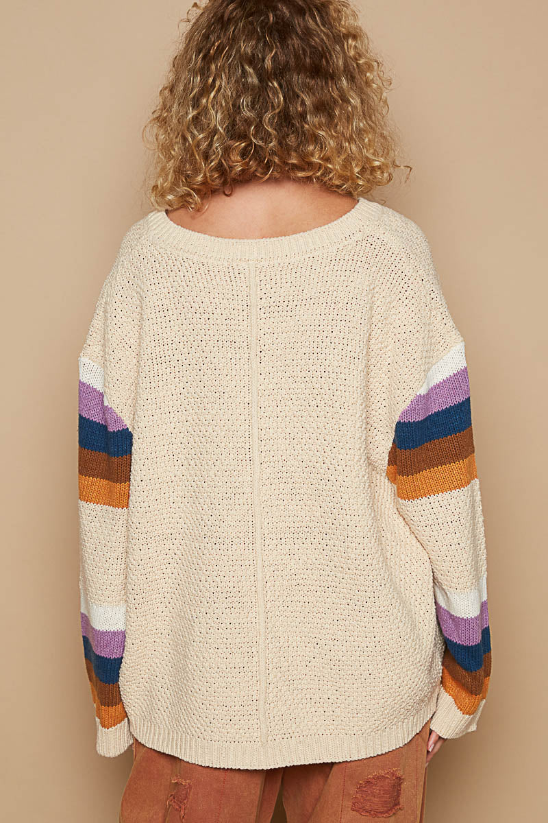 Striped Sleeve and Pocket V-Neck Sweater