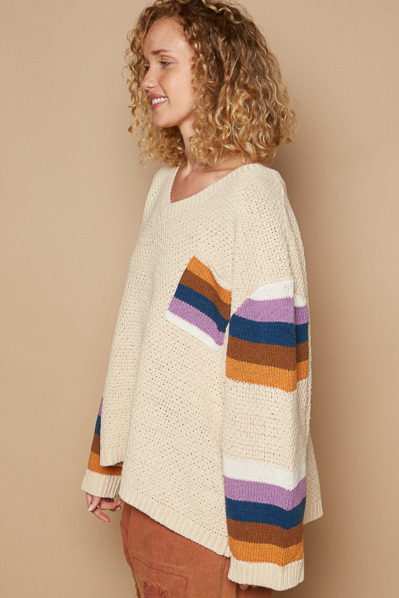 Striped Sleeve and Pocket V-Neck Sweater
