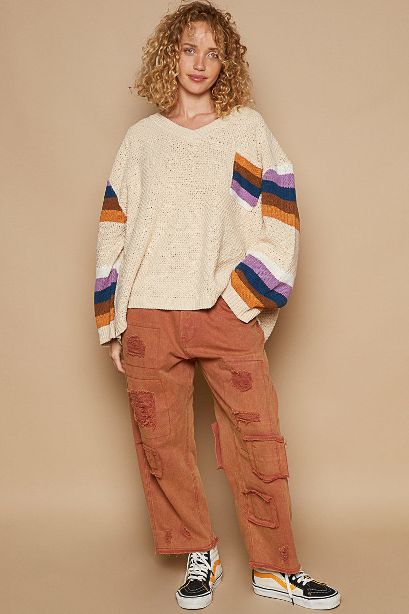 Striped Sleeve and Pocket V-Neck Sweater