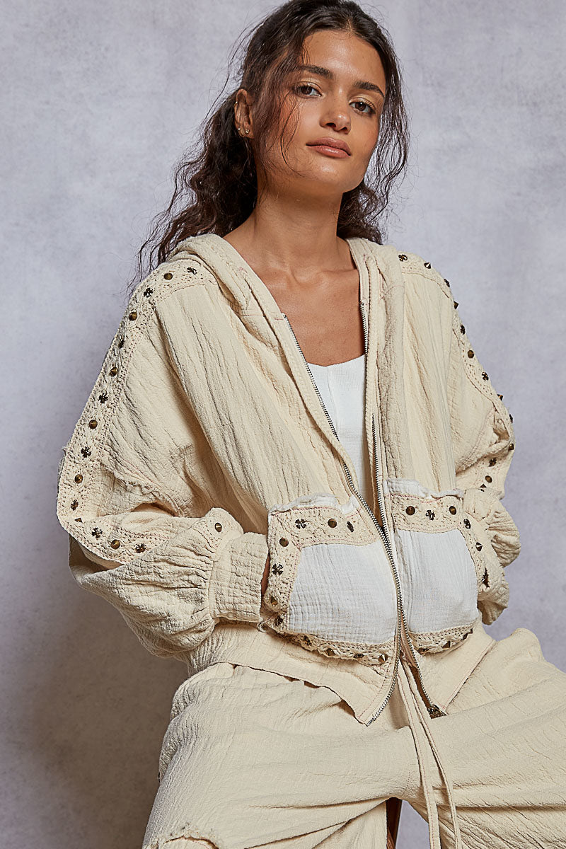 Vintage Boho Zip Jacket with Stud and Lace Details