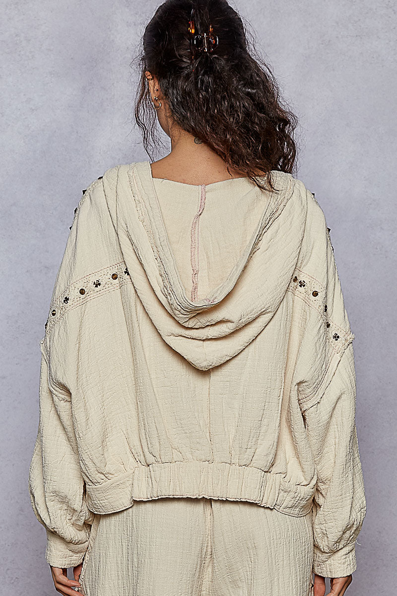 Vintage Boho Zip Jacket with Stud and Lace Details