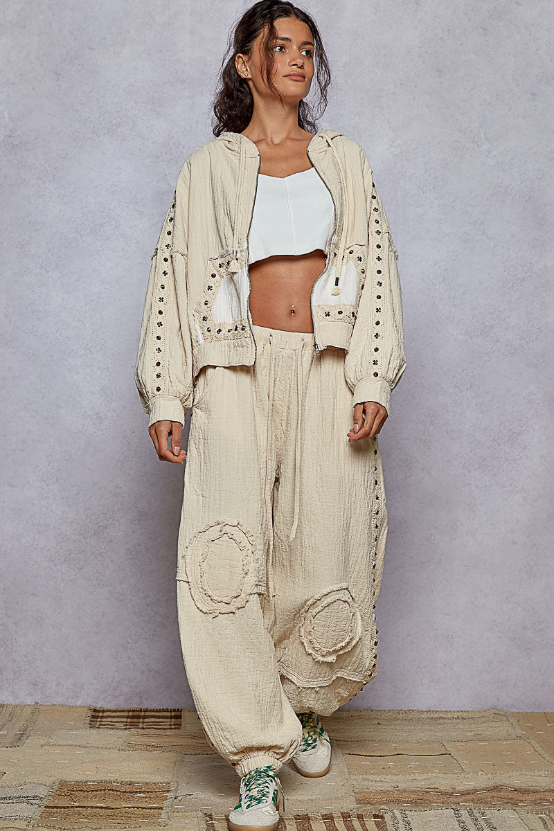 Vintage Boho Zip Jacket with Stud and Lace Details