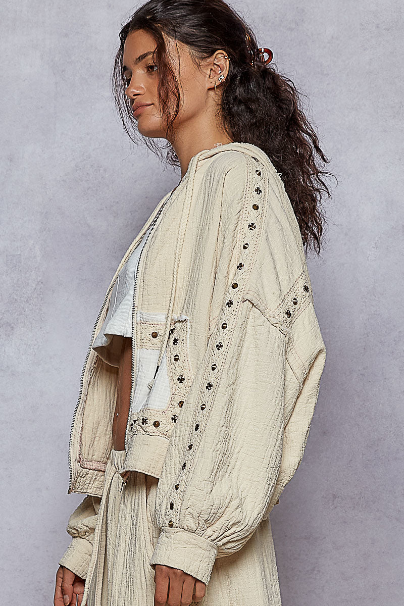 Vintage Boho Zip Jacket with Stud and Lace Details