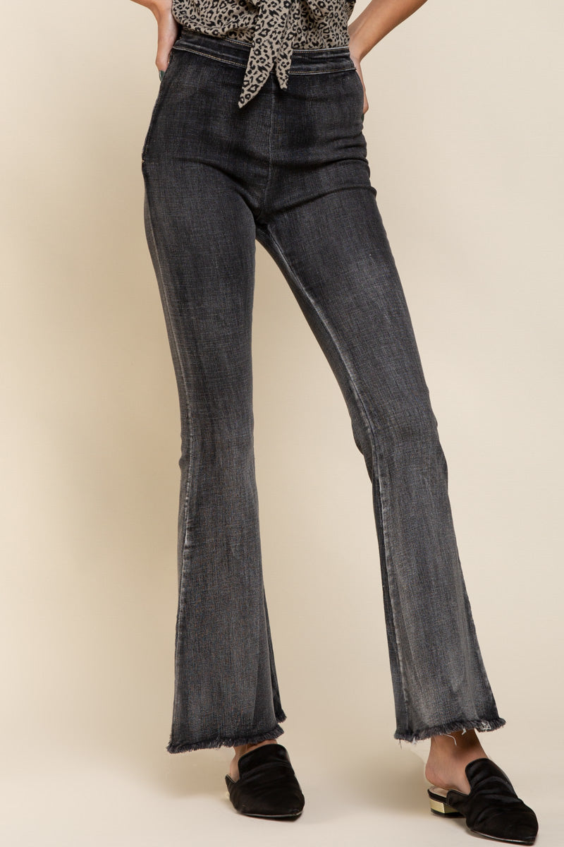 High-Rise Black Flare Jeans with Raw Hem