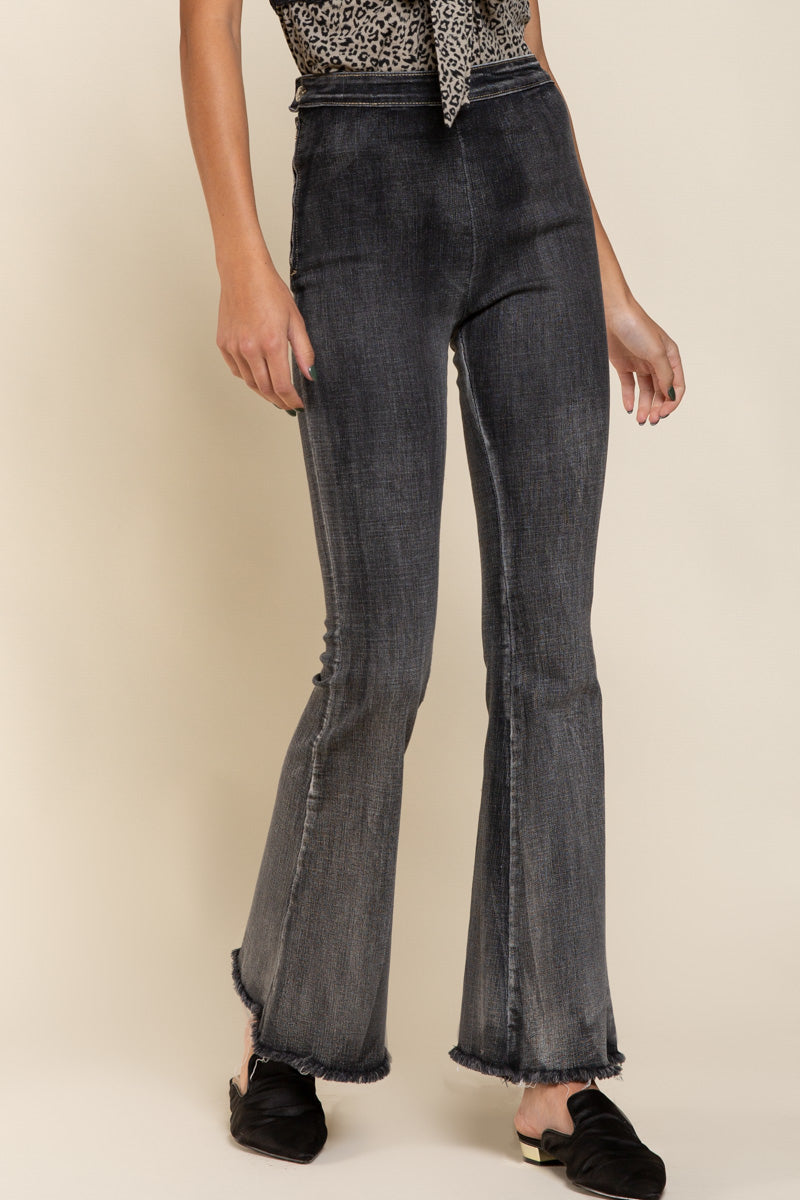 High-Rise Black Flare Jeans with Raw Hem
