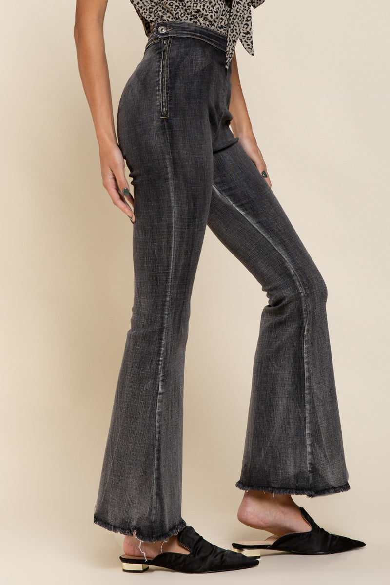 High-Rise Black Flare Jeans with Raw Hem