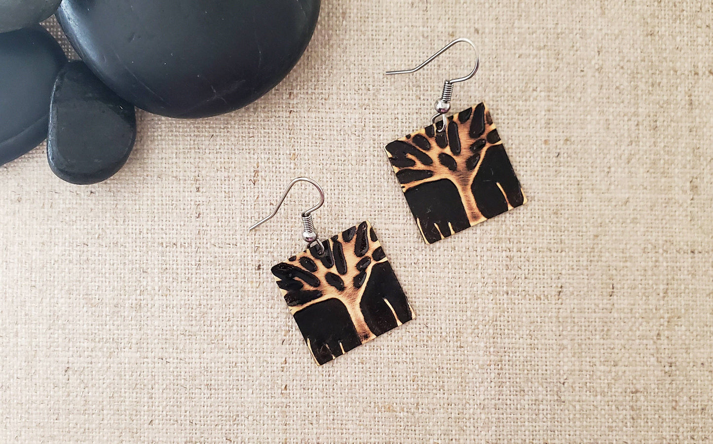 Small Square Embossed Tree Paint Patina Earrings