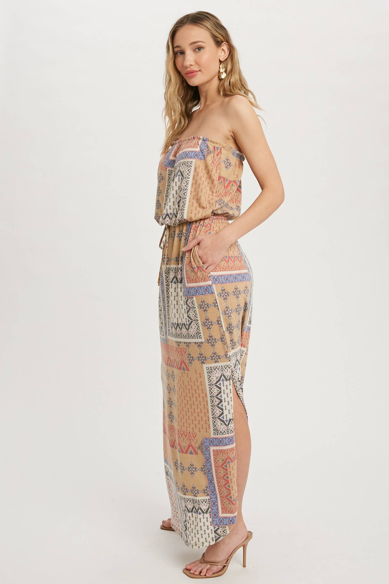 PATCHWORK PRINT TUBE MAXI DRESS