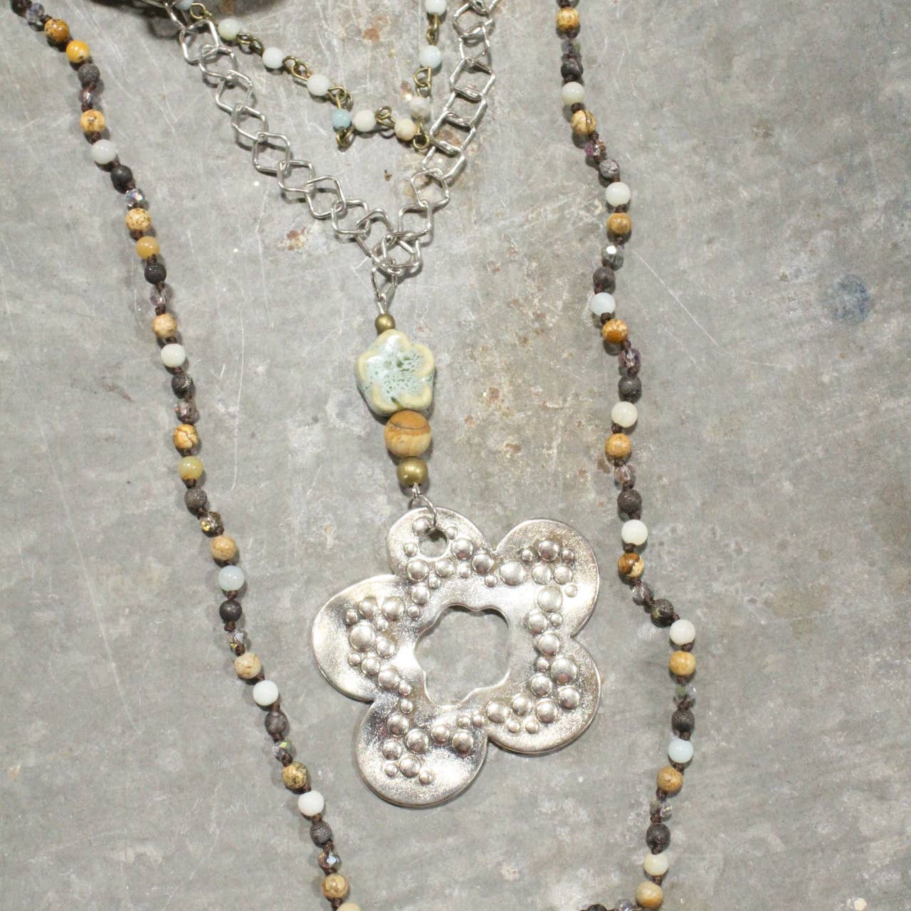Three Wishes Silver Stone Layered Flower Pendant Necklace