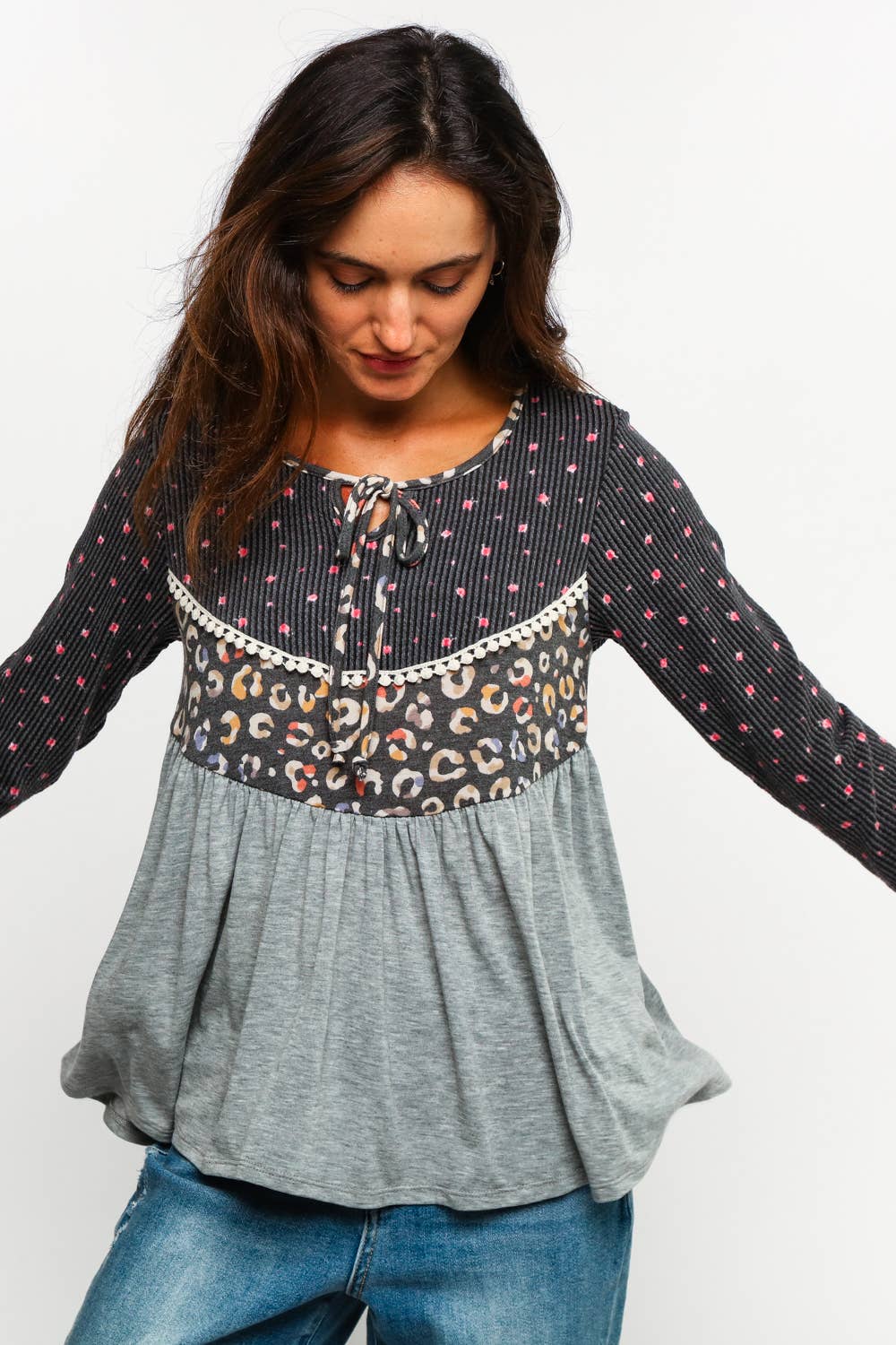 FLORAL LEOPARD BABYDOLL KNIT TOP