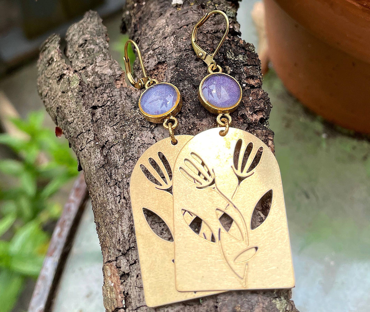 Gold & raw brass lotus drops - flowers, boho, aubergine