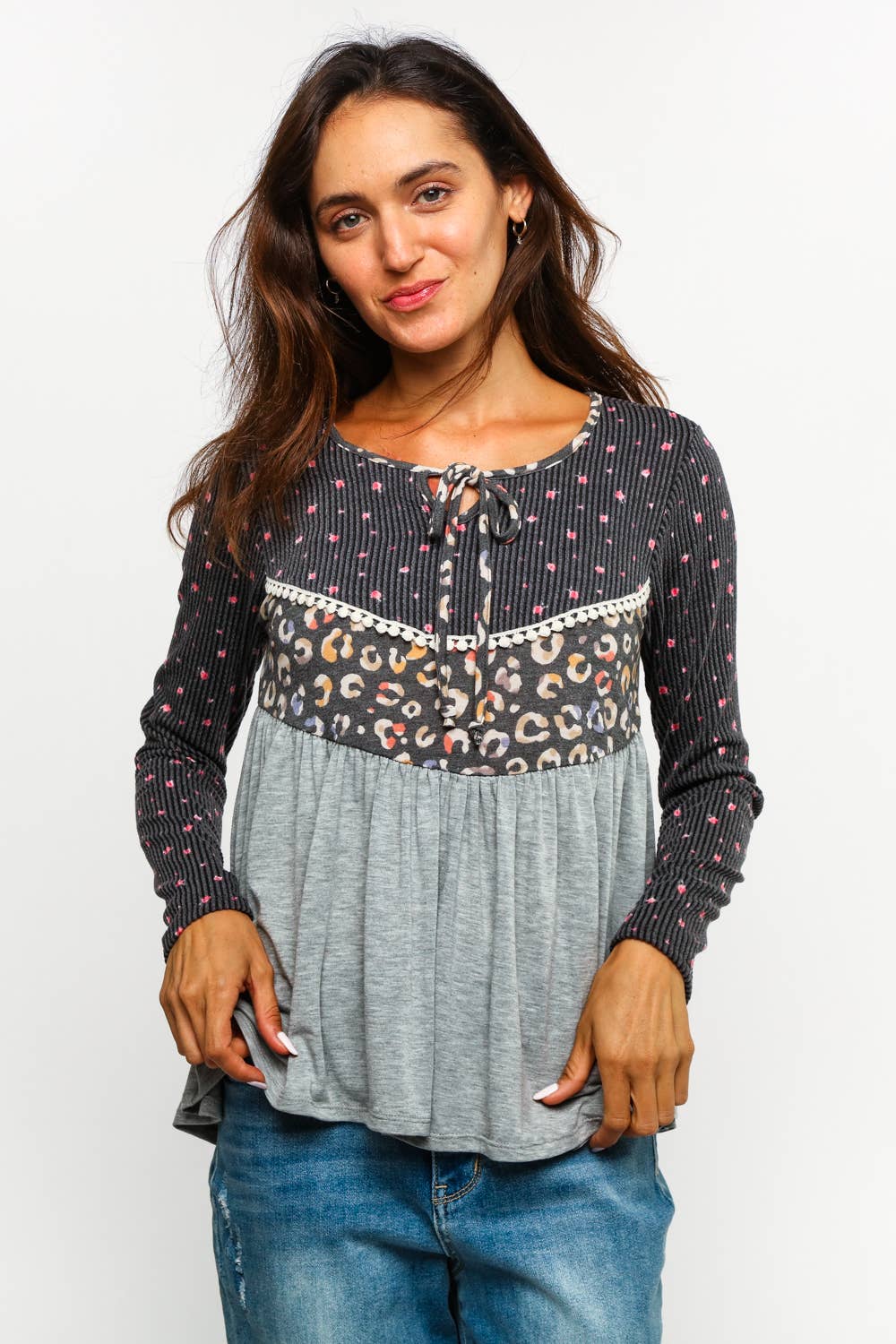 FLORAL LEOPARD BABYDOLL KNIT TOP
