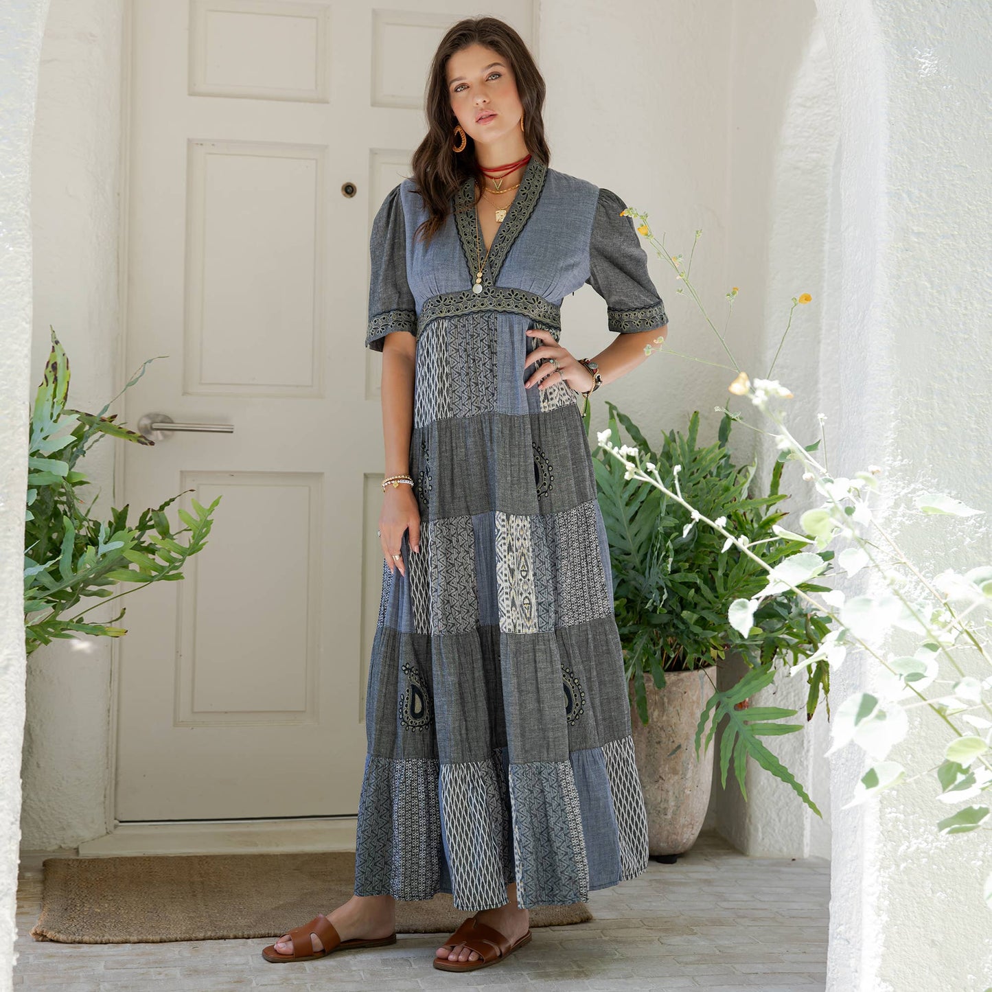 Eclectic Charm: Stone-Washed Rayon V-Neck Long Dress New