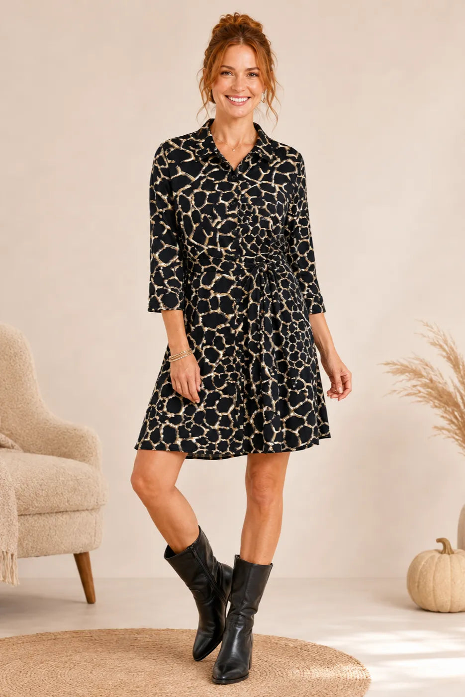 Linique Animal Button Down Self Sash Dress