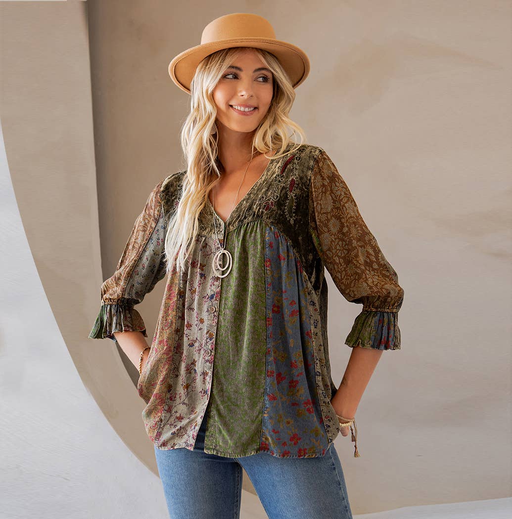 Vintage Bohemian : Patchwork Velvet Top SIZE - XS TO 3X New