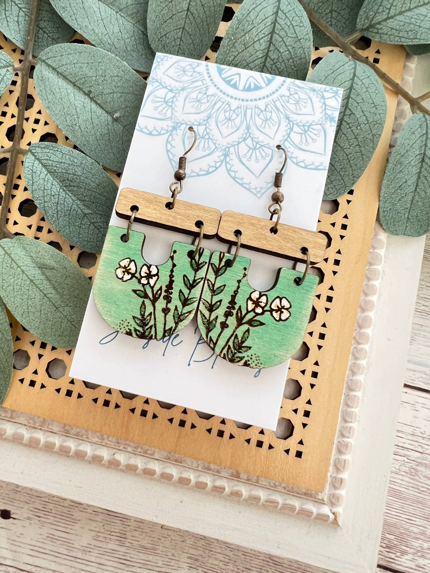 Boho hand painted lightweight maple wood earrings