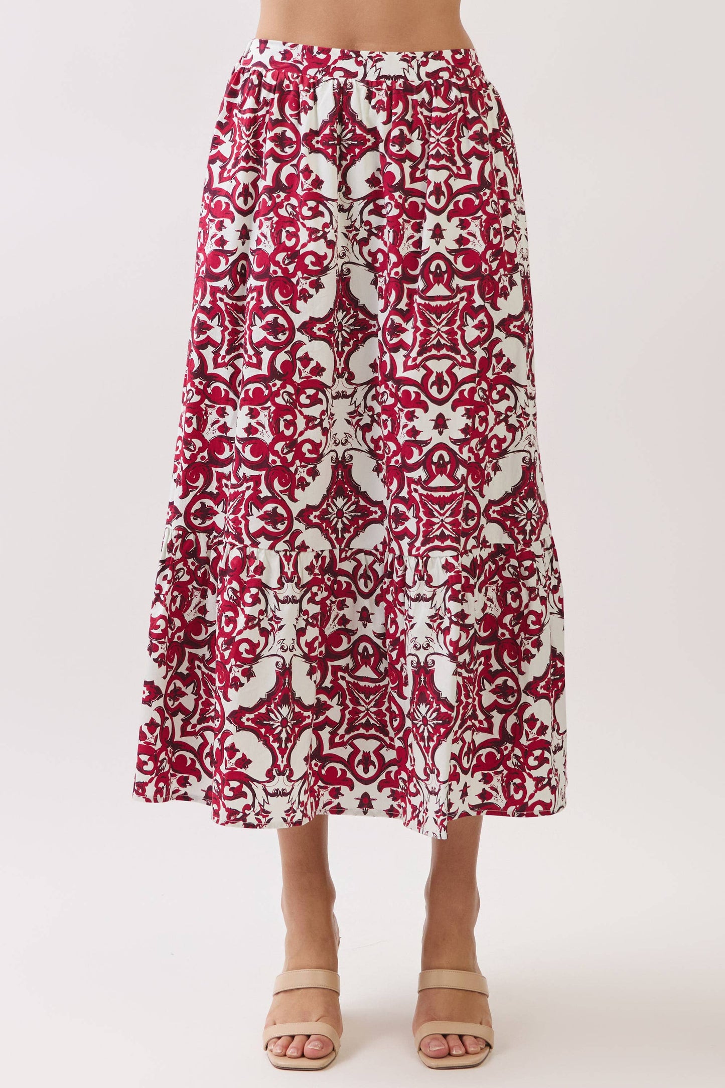 CS4076-Baroque Print Tiered Midi Skirt