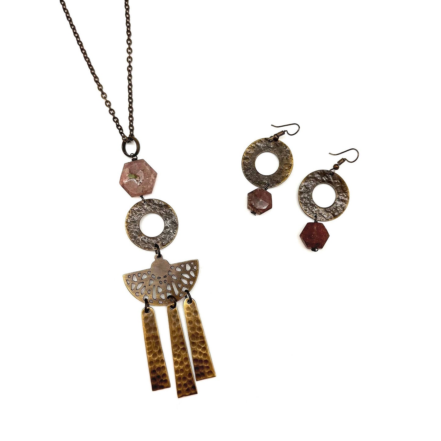 Handmade Antique Brass Necklace - Strawberry Quartz