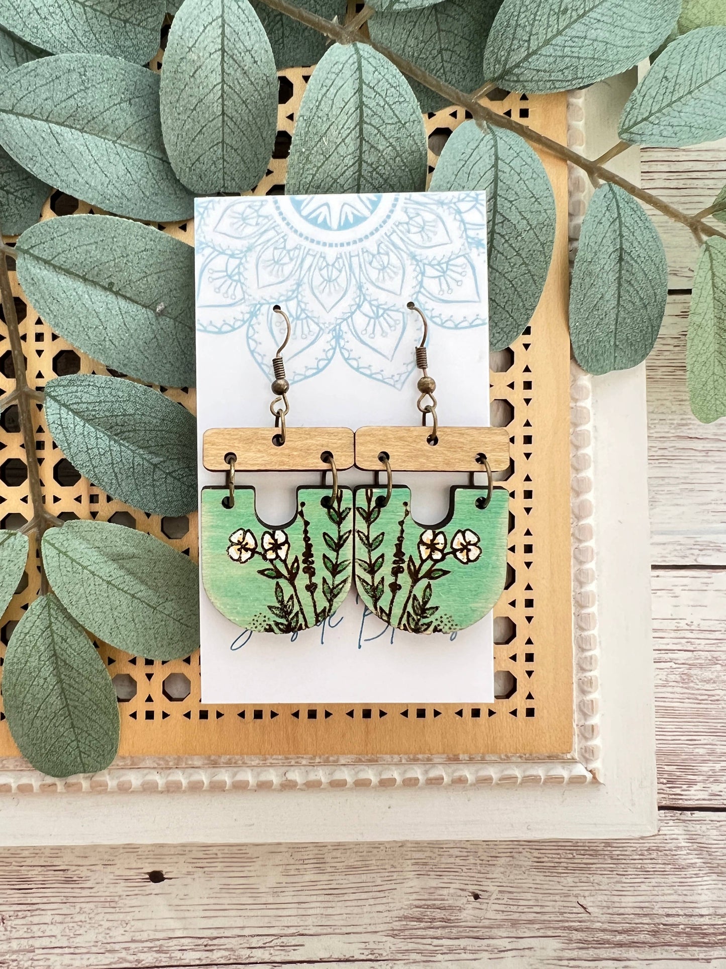 Boho hand painted lightweight maple wood earrings