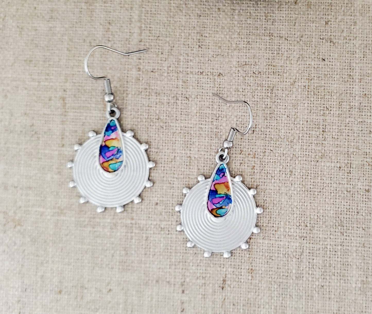 Alcohol Ink Stainless Steel Circle & Teardrop Earrings