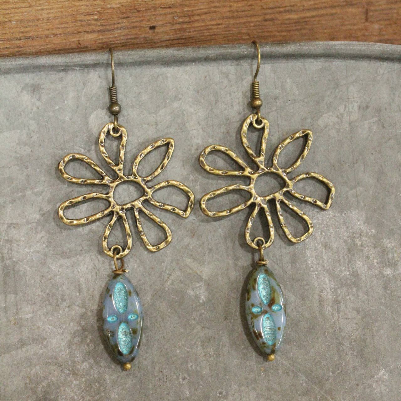 Hammered Wildflower & Glass Czech Pendant Drop Earrings