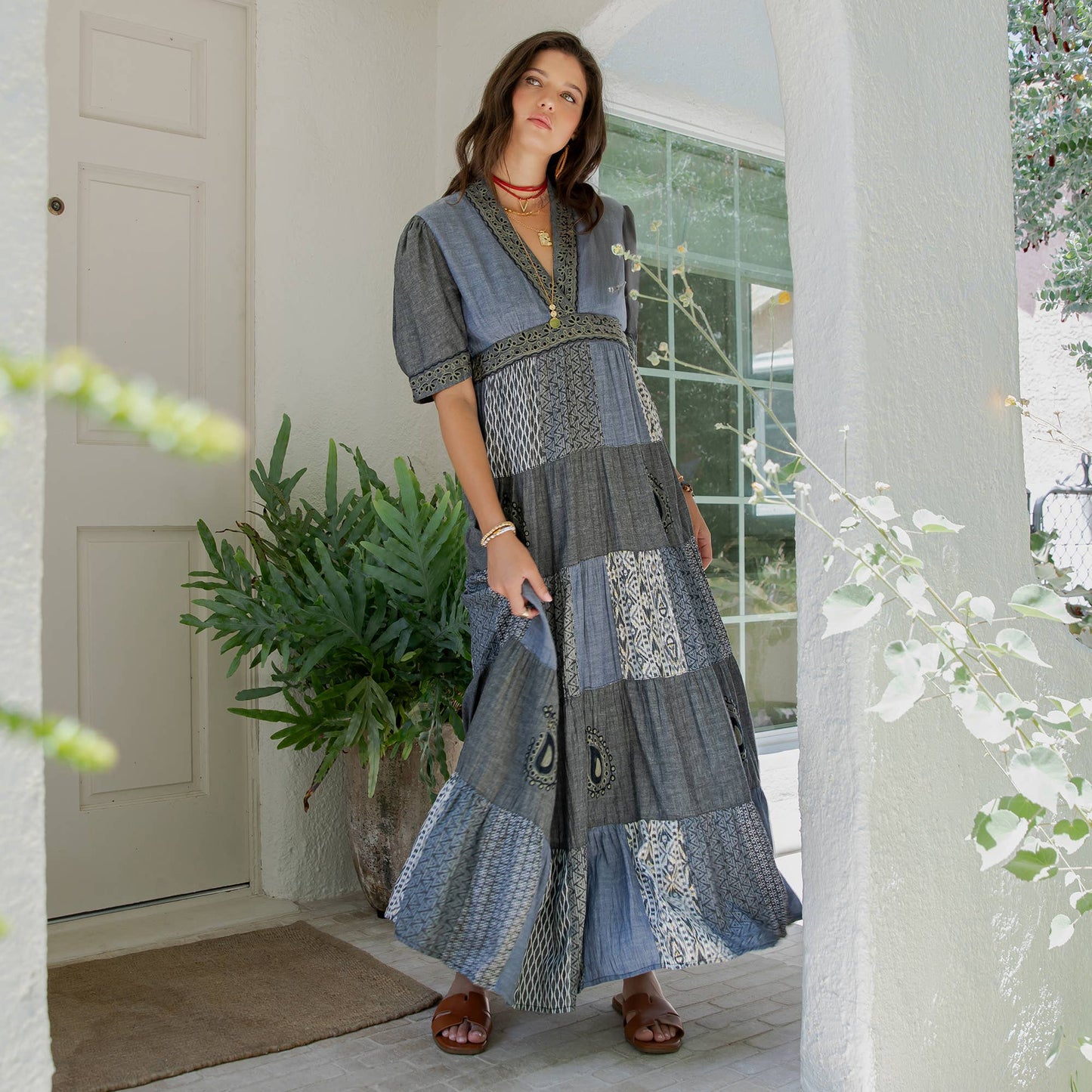 Eclectic Charm: Stone-Washed Rayon V-Neck Long Dress New