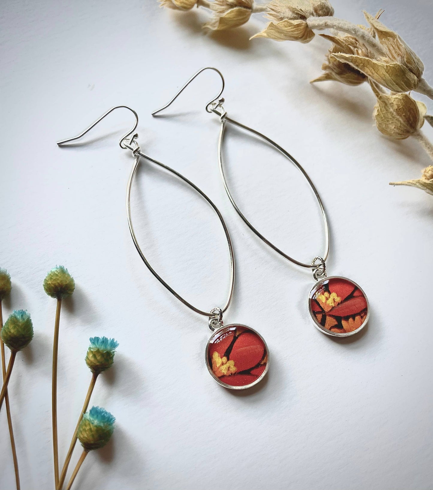 Silver Navette Drop Earrings - poppies, red orange flowers