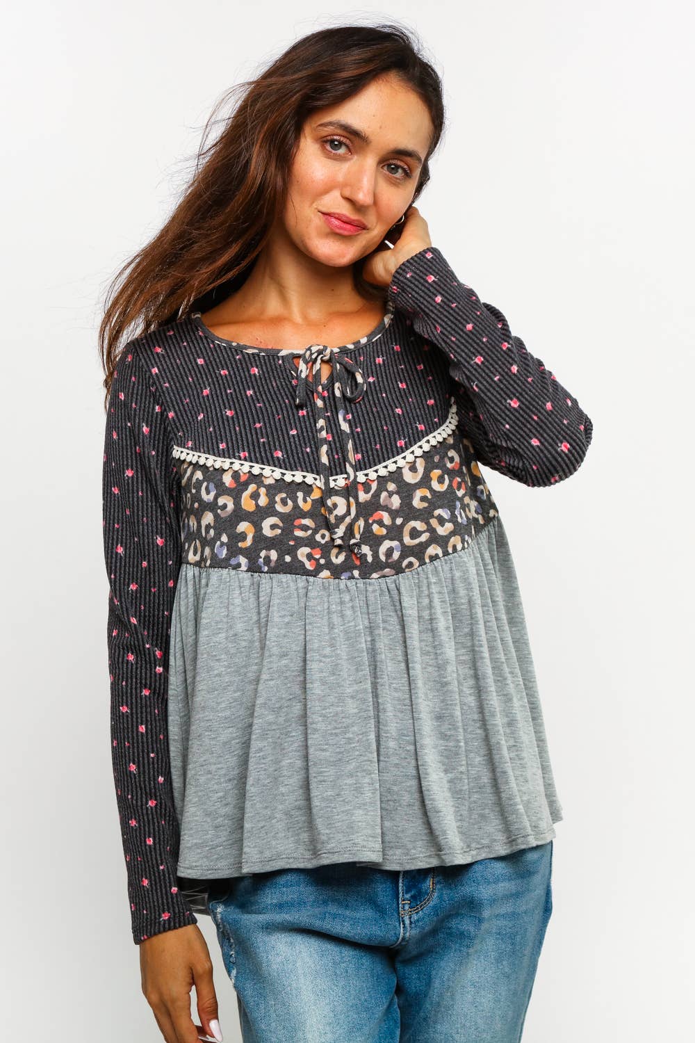 FLORAL LEOPARD BABYDOLL KNIT TOP
