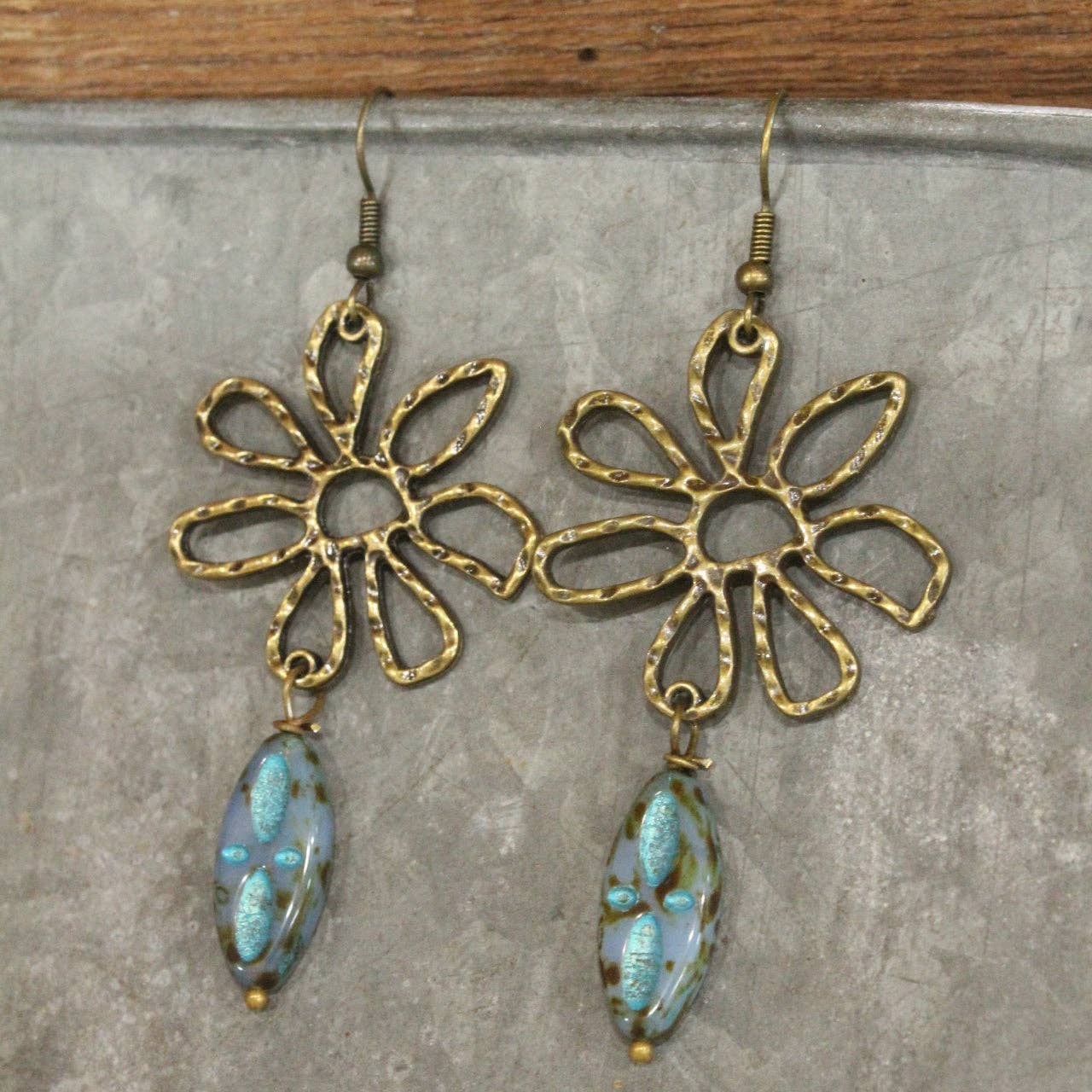Hammered Wildflower & Glass Czech Pendant Drop Earrings