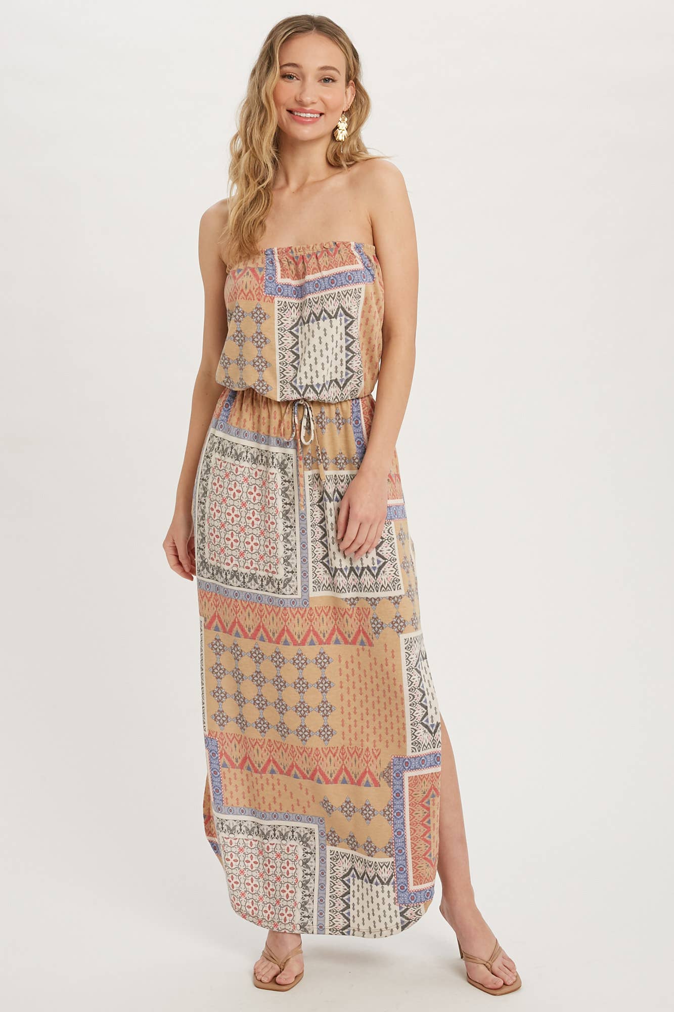 PATCHWORK PRINT TUBE MAXI DRESS