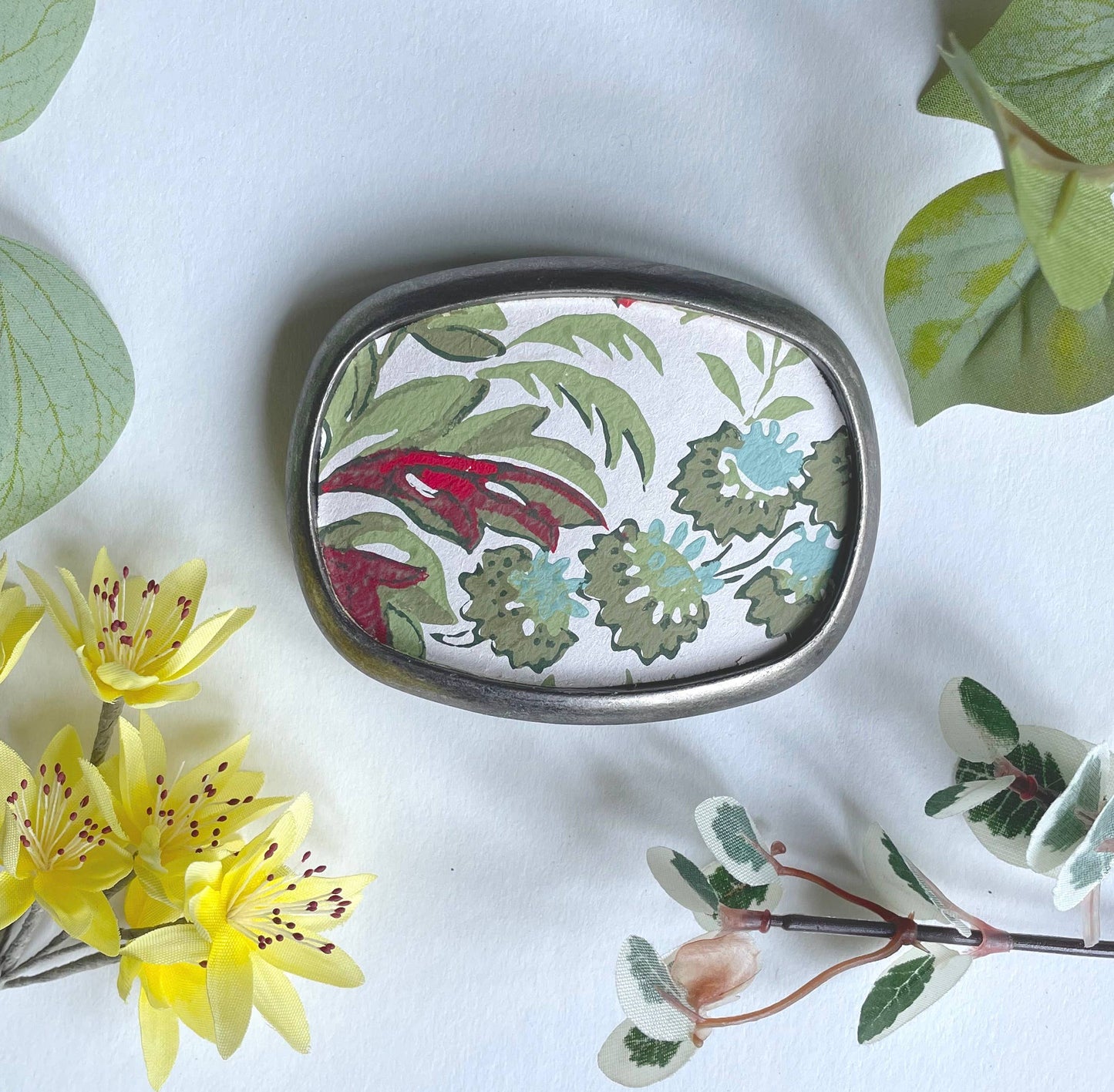 Belt buckle - earthy red blooms, garden greens, florals