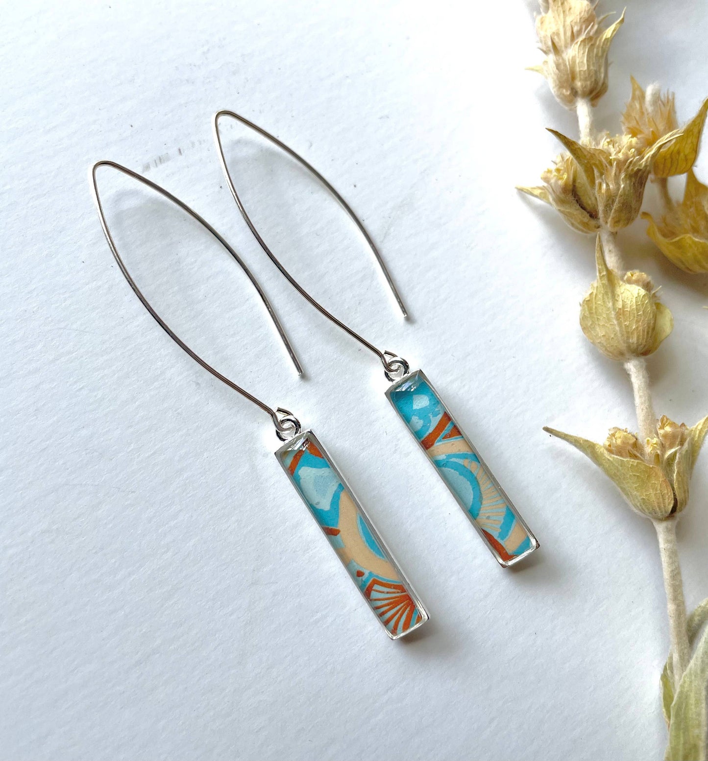 Rectangle Drop Earrings - earthy blue & tan deco, minimalist
