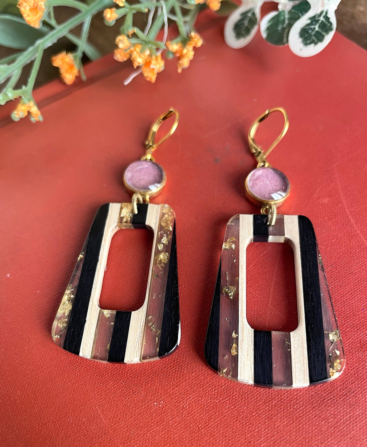 Mod Black, White Earrings - fall, gold, striped, colorblock