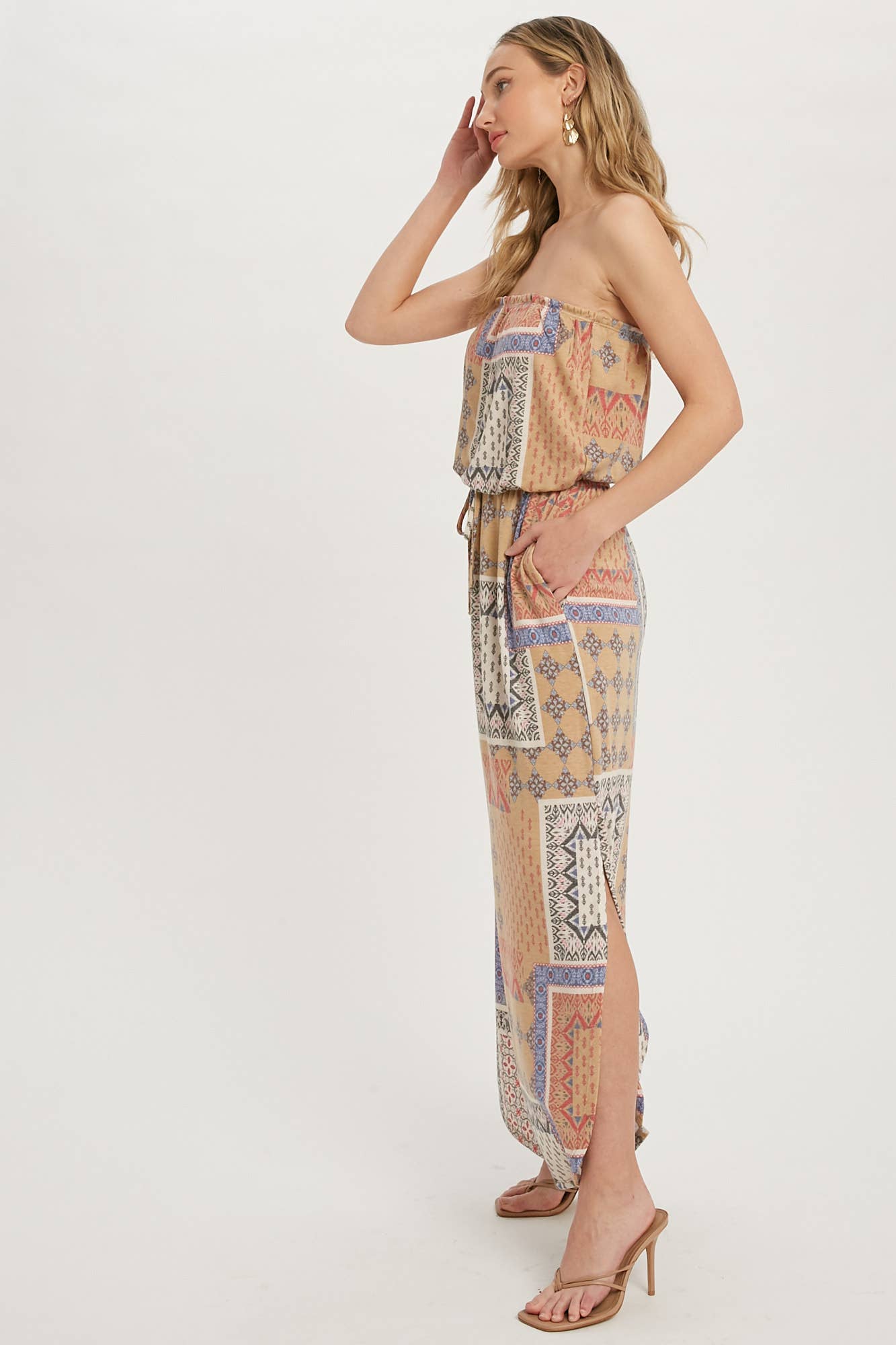 PATCHWORK PRINT TUBE MAXI DRESS