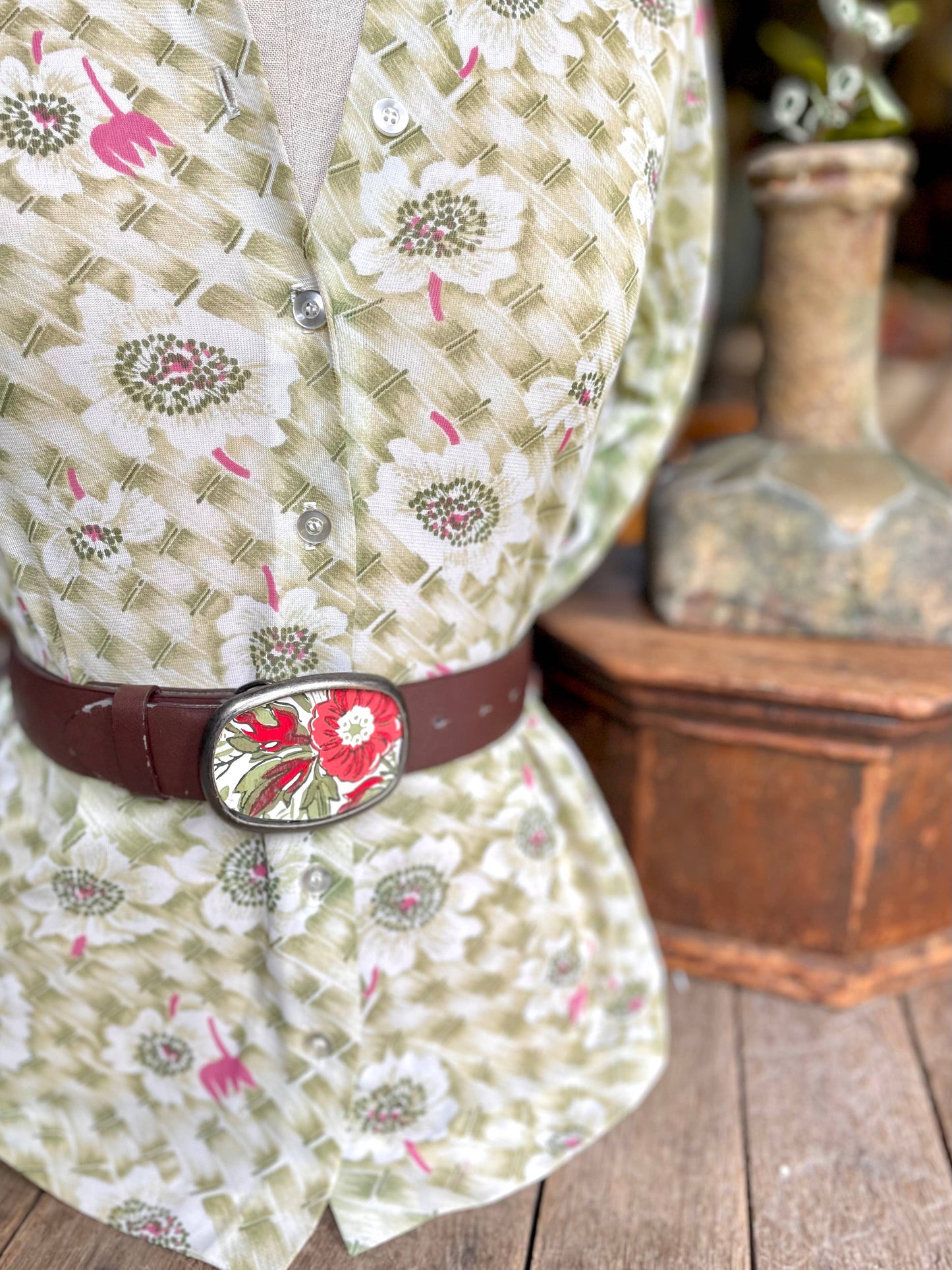 Belt buckle - earthy red blooms, garden greens, florals