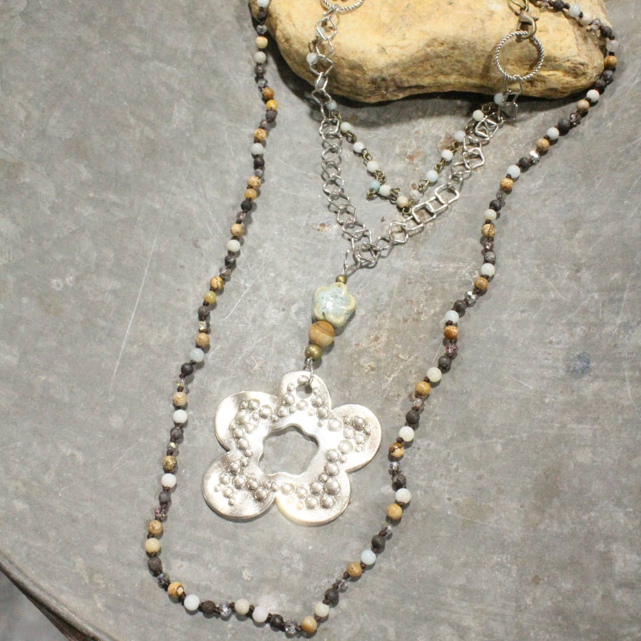 Three Wishes Silver Stone Layered Flower Pendant Necklace