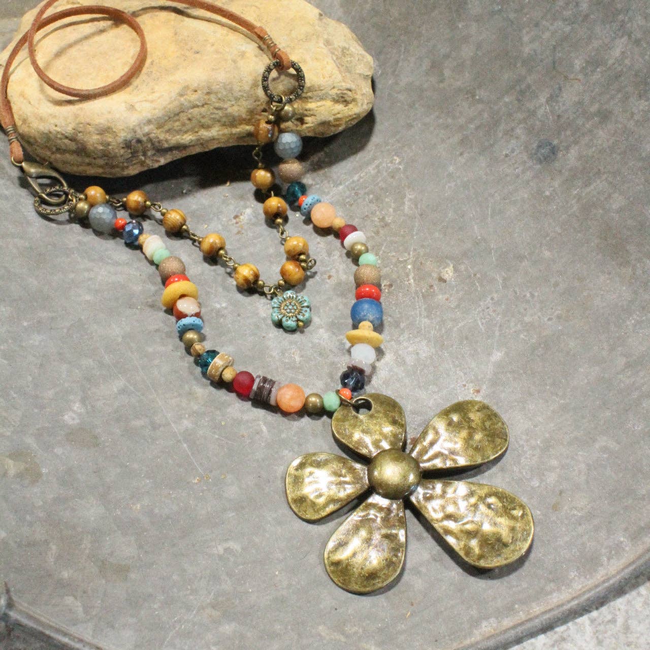 Fun In the Sun Flower Layered Leather Necklace