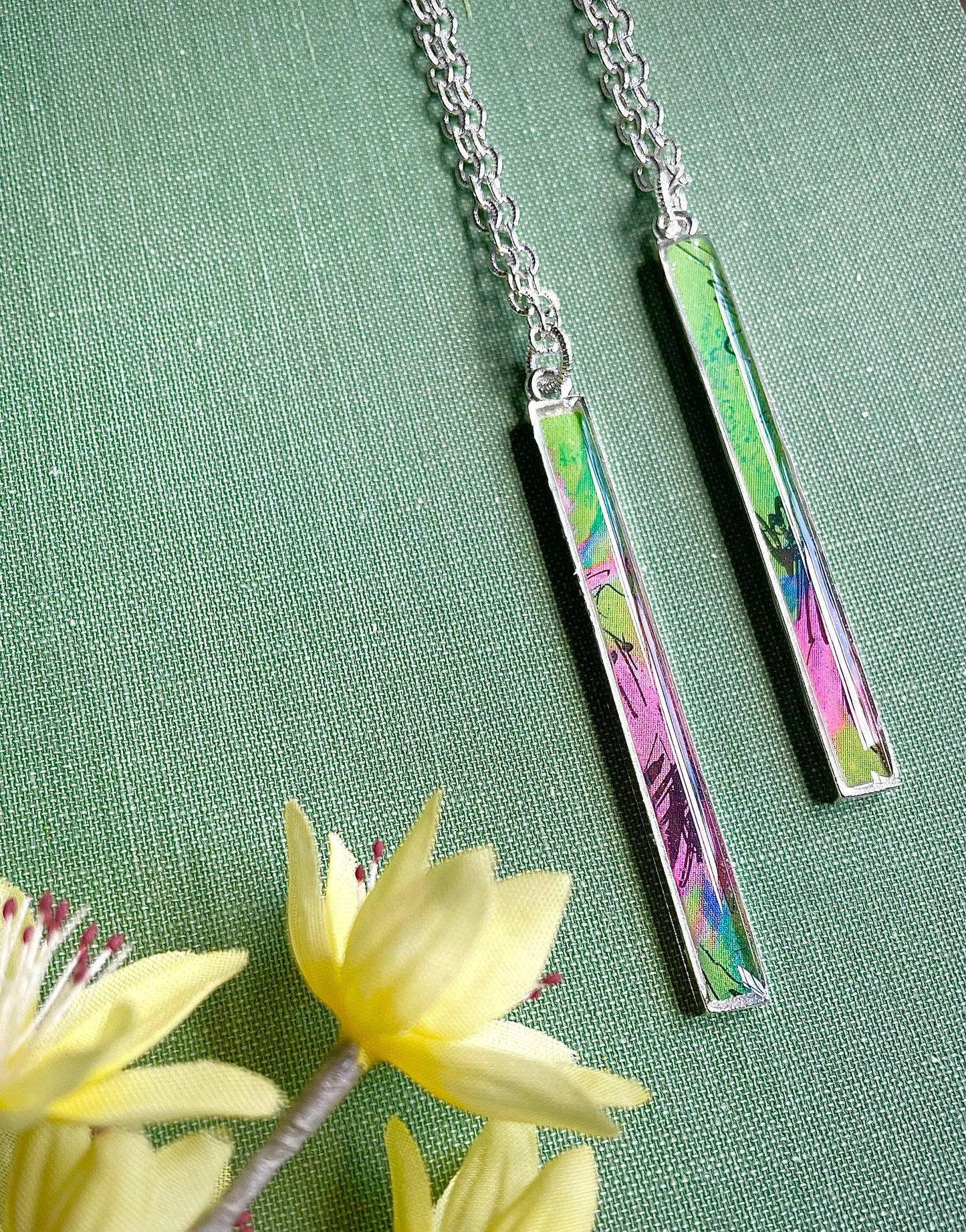 Long slim silver rectangle necklace - preppy pink, green