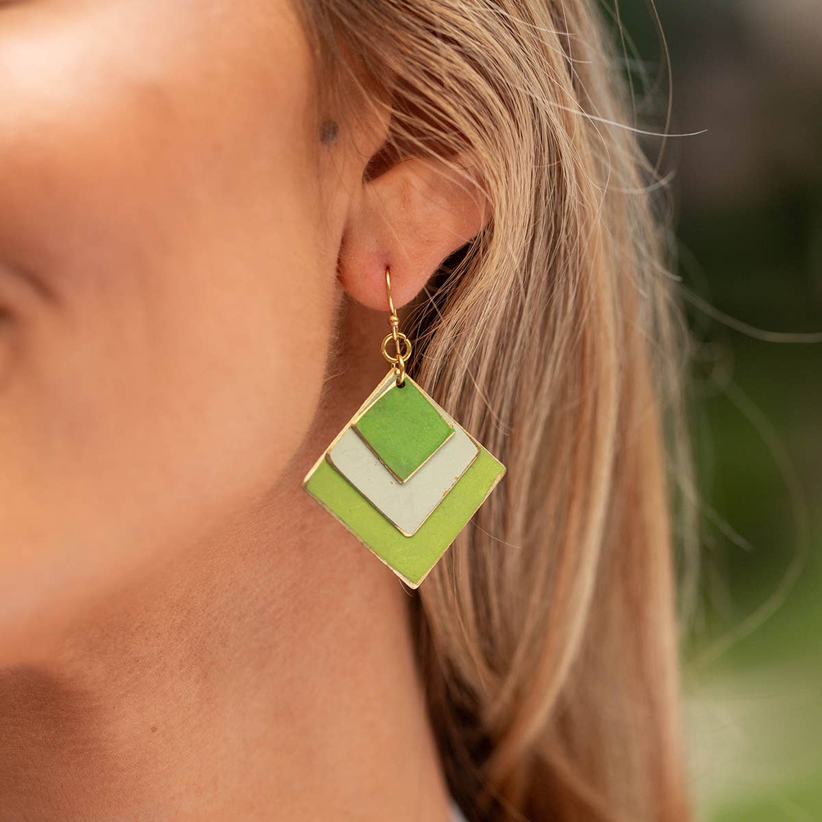 Brass Patina Earrings - Green Meadow Layered Diamonds