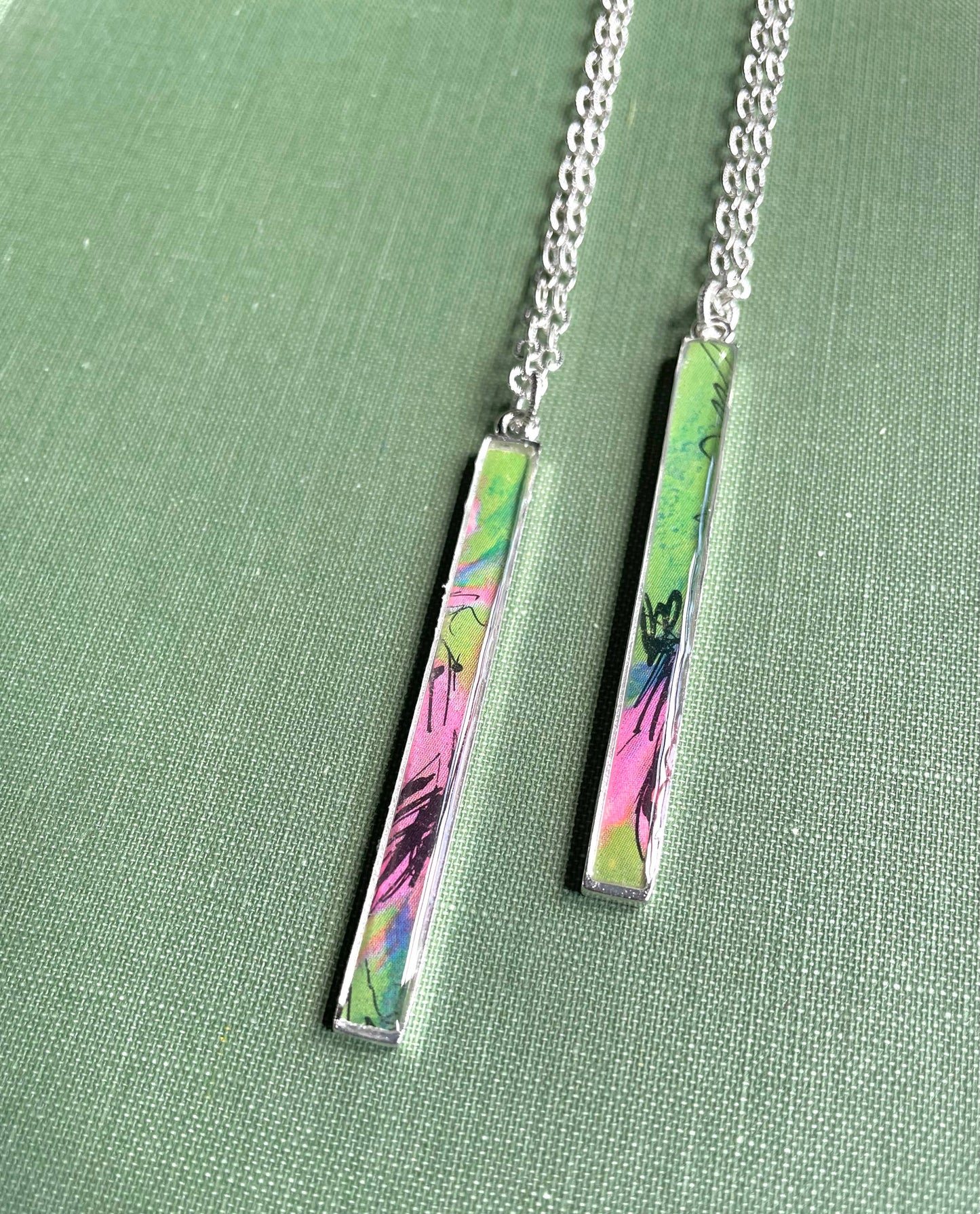 Long slim silver rectangle necklace - preppy pink, green