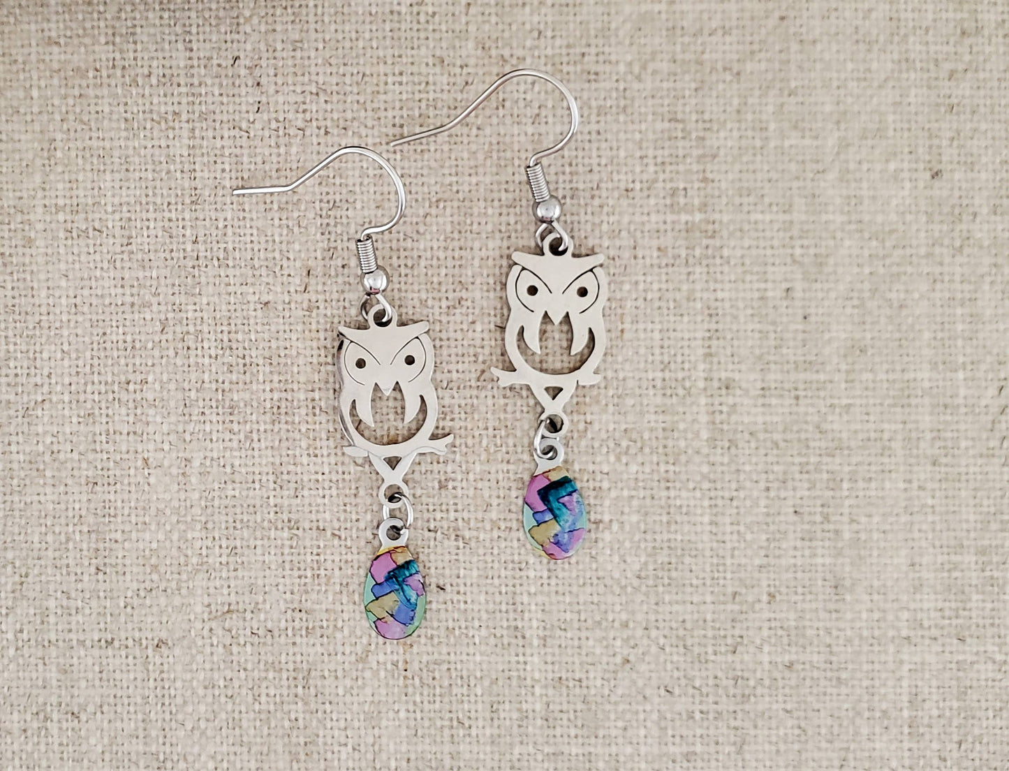 Alcohol Ink Stainless Owl Connector Earrings