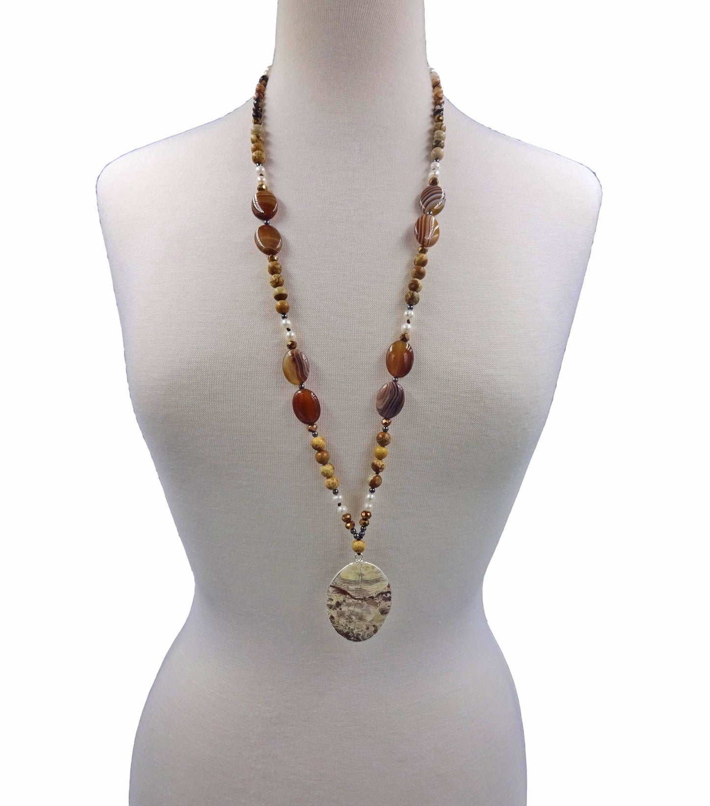 Long Beaded Earthy Tone Jasper Pendant Necklace