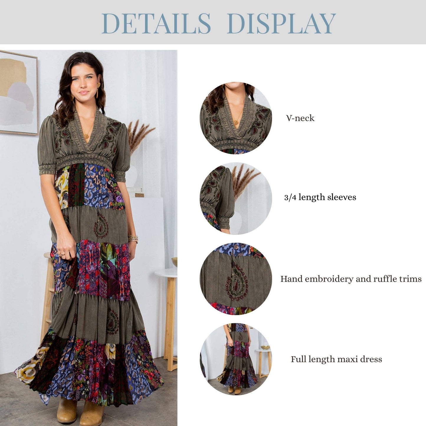 Eclectic Charm: Stone-Washed Rayon V-Neck Long Dress New