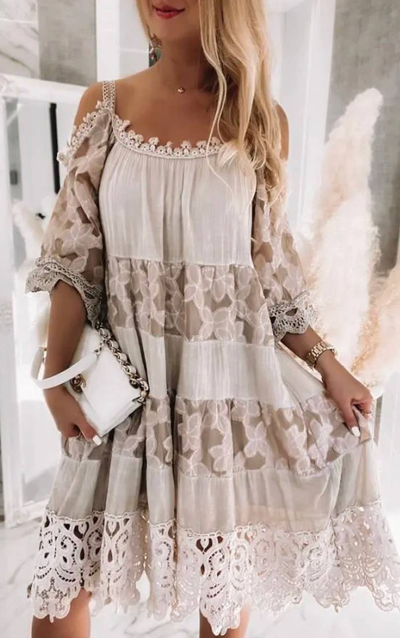 Italian Beige Lace Open Shoulder Cotton Blend Dress