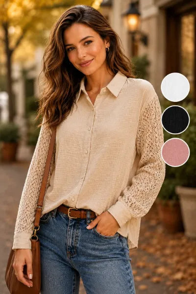 Cotton Gauze Button front Crochet Sleeve Top