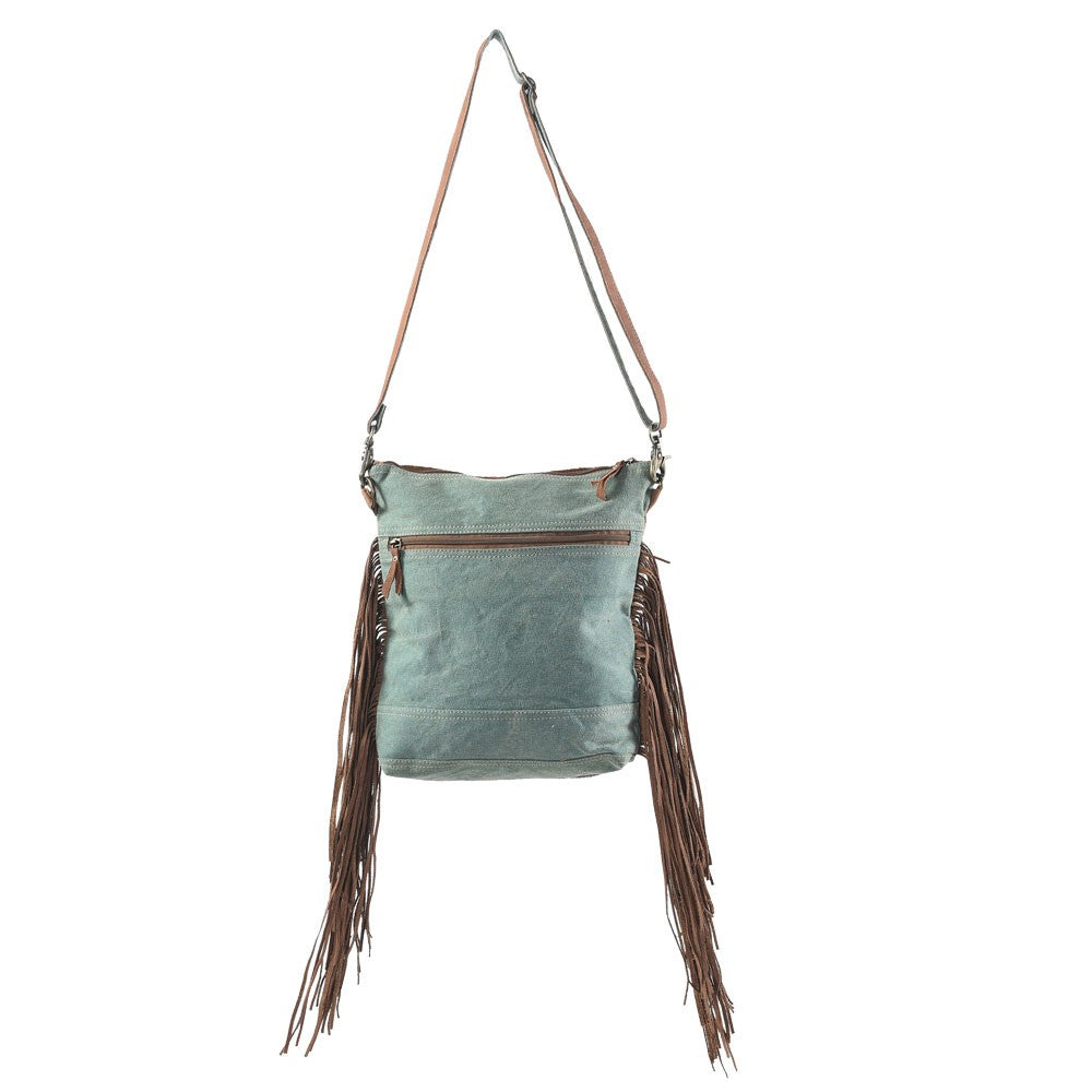 CROSSBODY WITH LEATHER FRINGE RUG FUR CANVAS