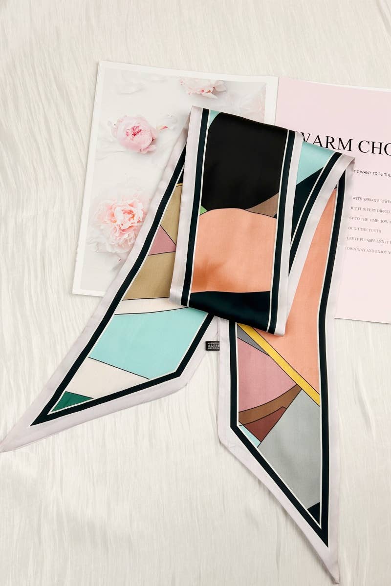 Modern Geometric Color Block Satin Silky Skinny Scarf