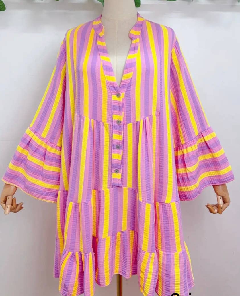 Purple One Size Italian Striped Short Printed Dress