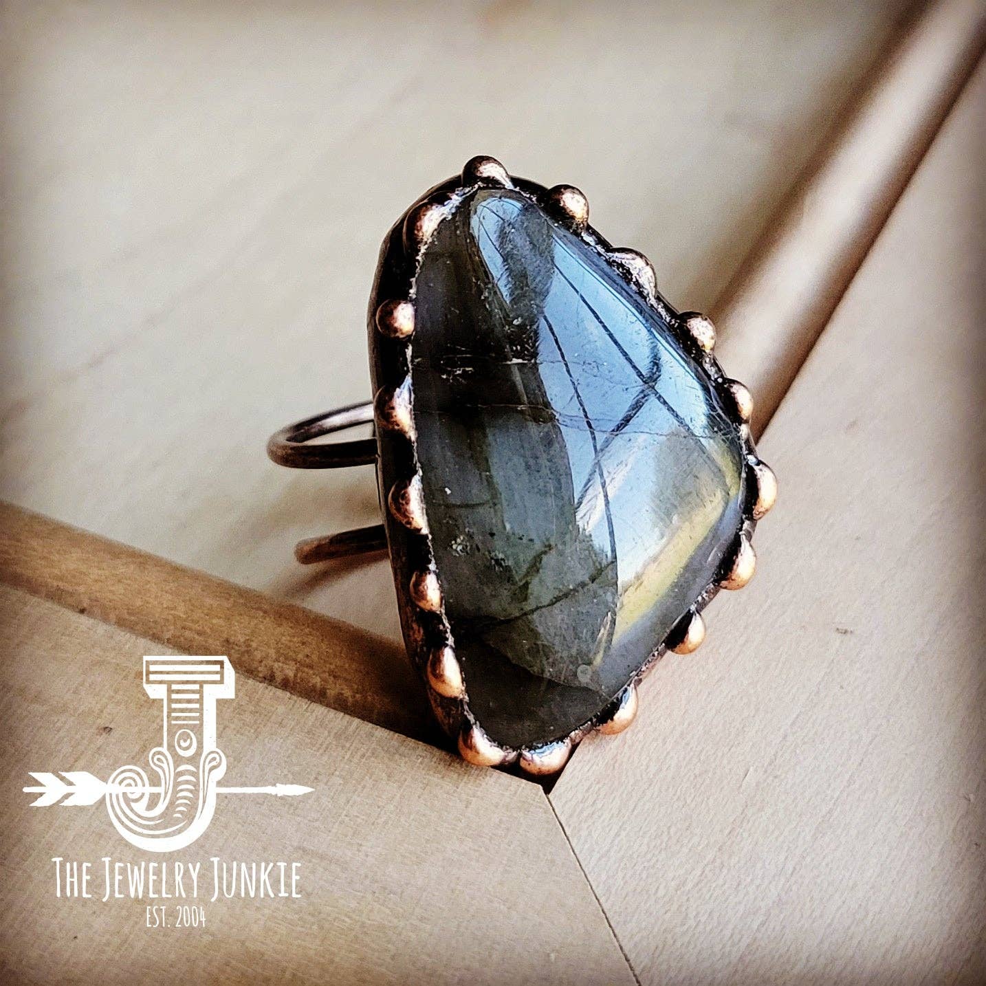 Genuine Labradorite Ring set in Antique Copper 012x