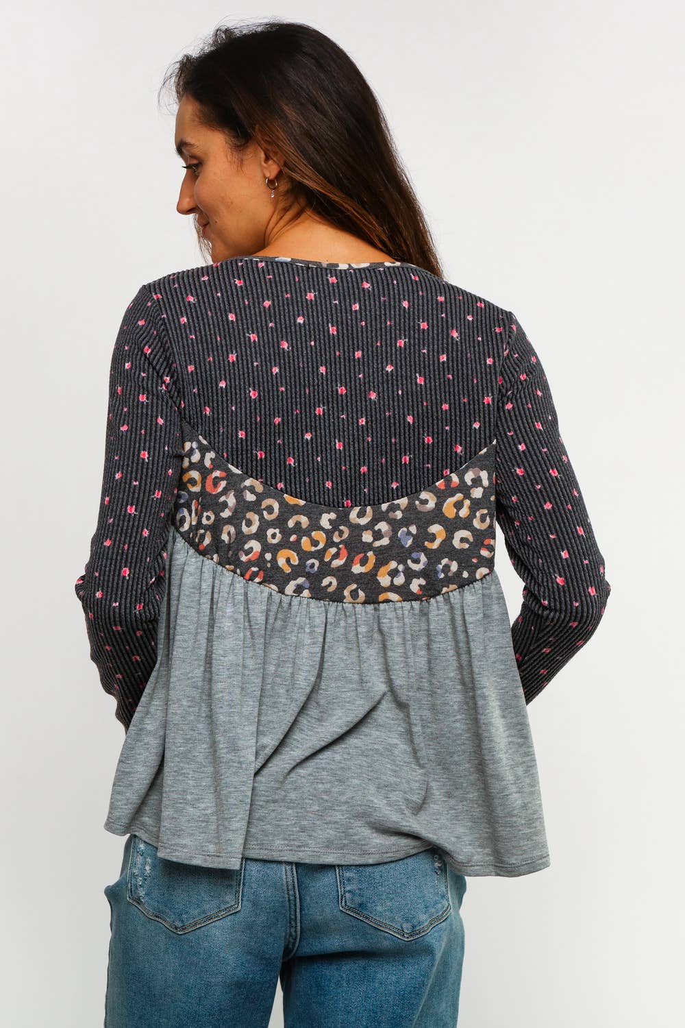 FLORAL LEOPARD BABYDOLL KNIT TOP